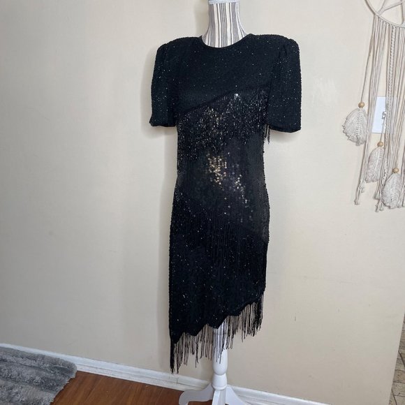 Scala Dresses & Skirts - Vintage SCALA 80s Silk Gatsby Cocktail Asymmetric Sequins Beaded Dress Black M